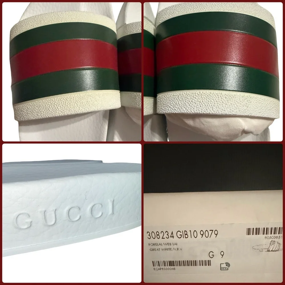 NEW Gucci Pursuit 72 Web Stripe Rubber Slide Sandals White Red Green Men's
